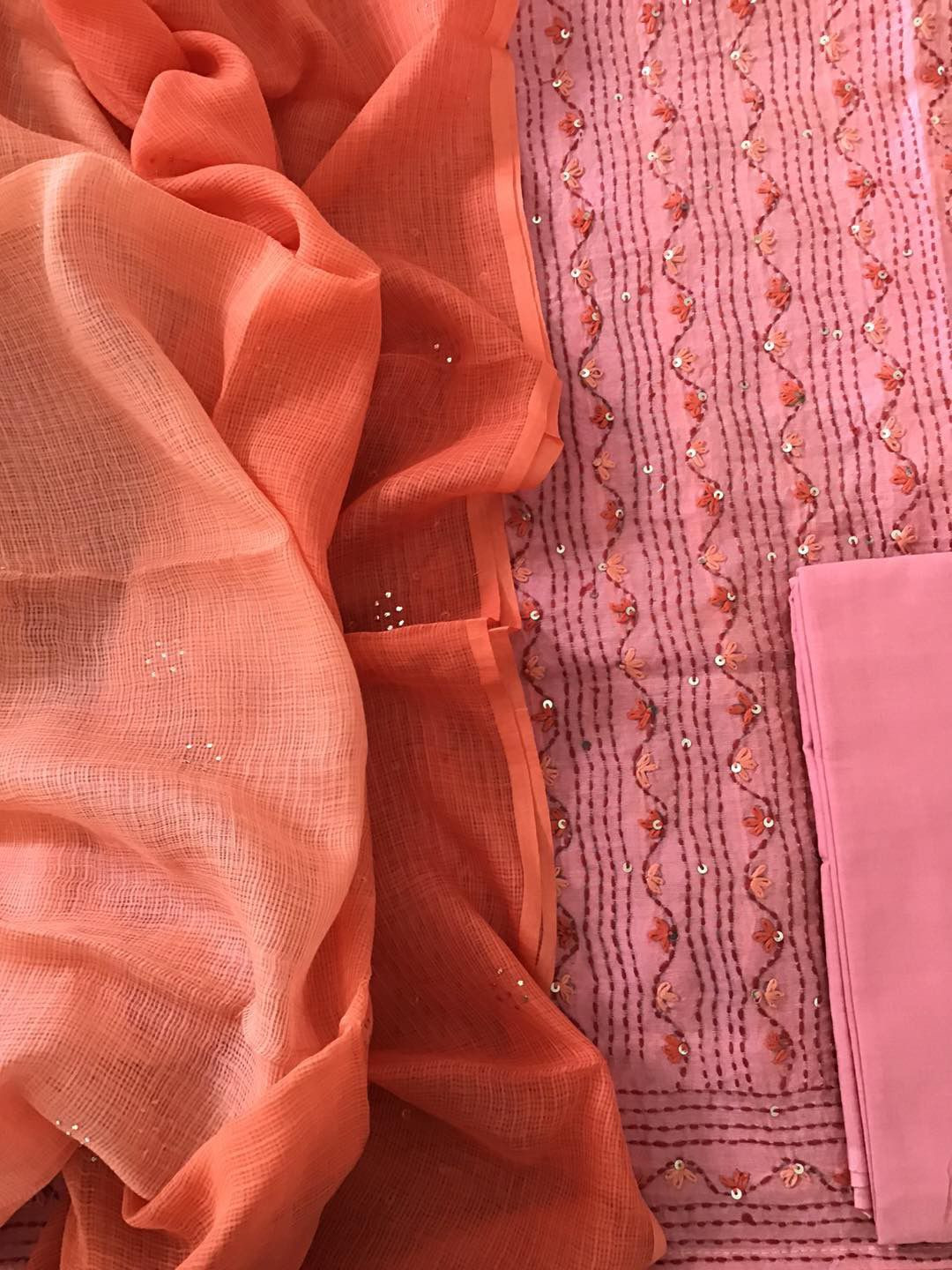 Pure Chanderi Embroidered Suit - Peach