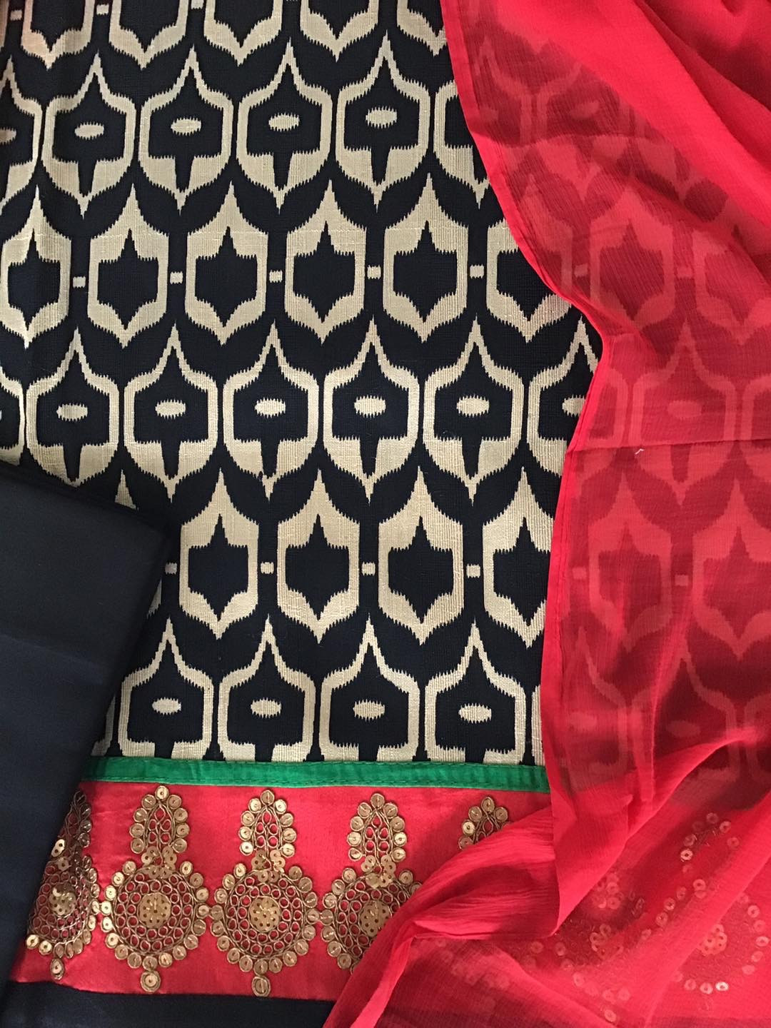 Pure Cotton Silk Printed Embroidered Suit - Black