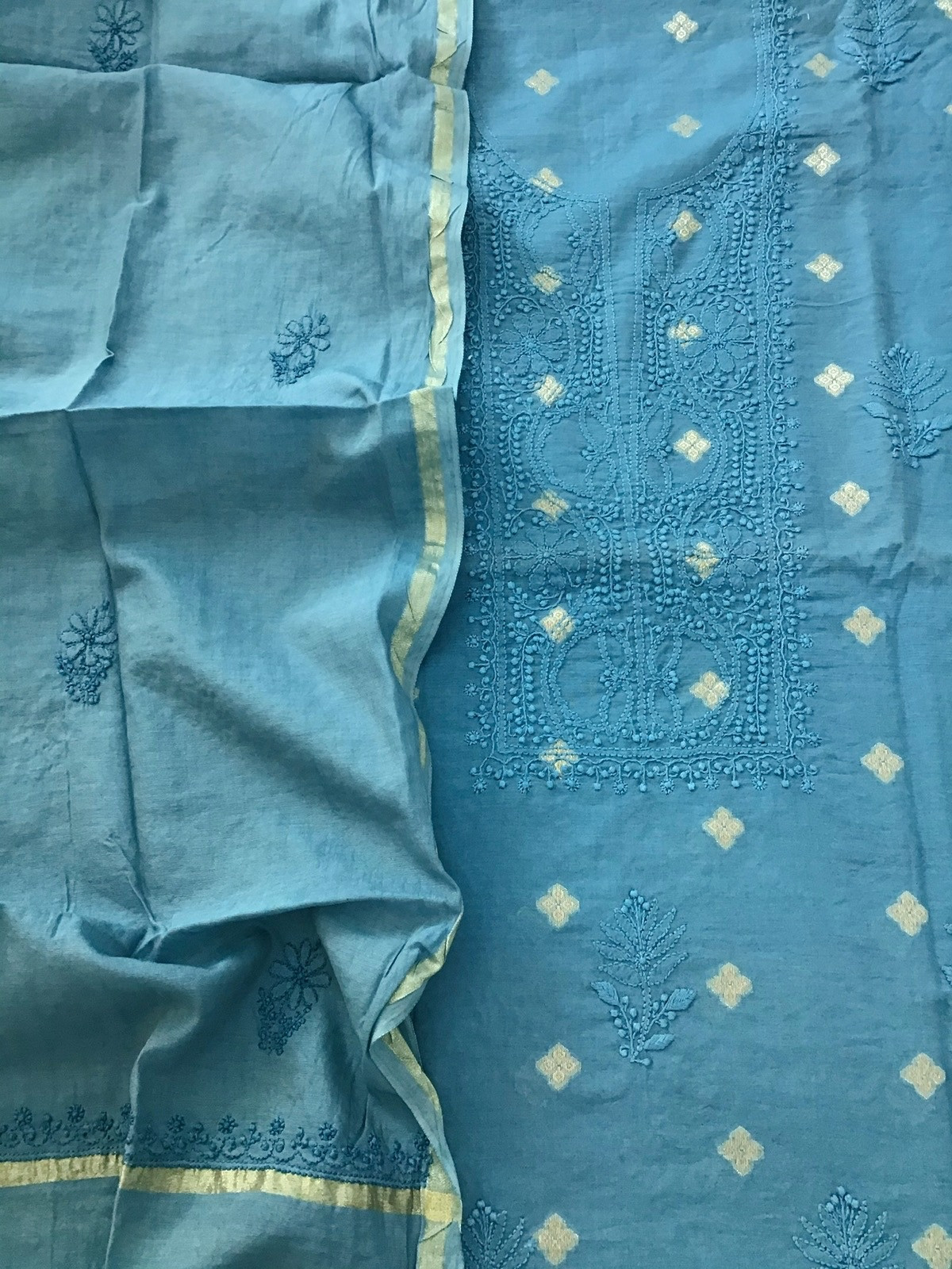 Pure Chanderi Chikankari Embroidered Suit - Blue
