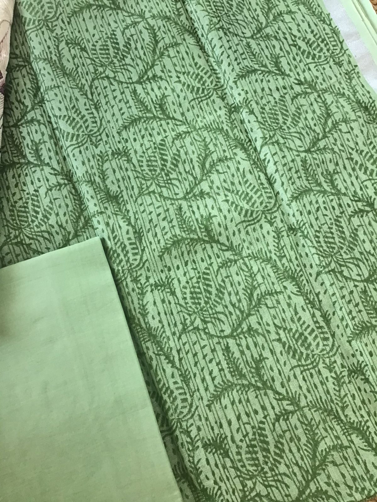 Pure Linen Jute Cotton Printed Embroidered Suit - Green