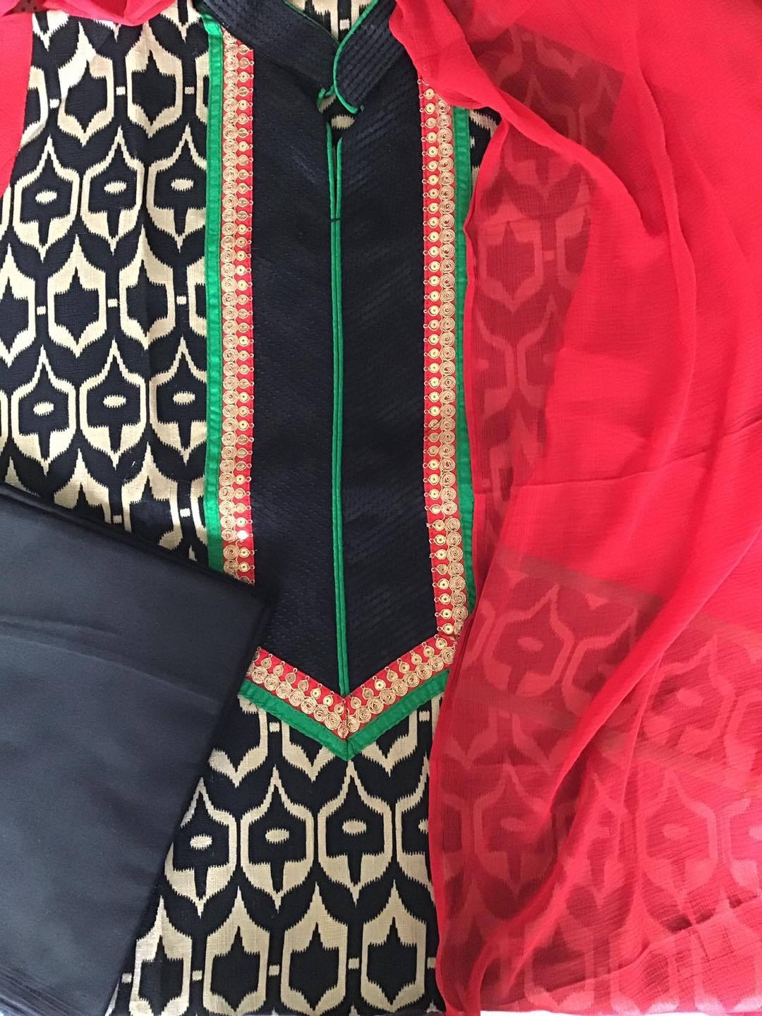 Pure Cotton Silk Printed Embroidered Suit - Black