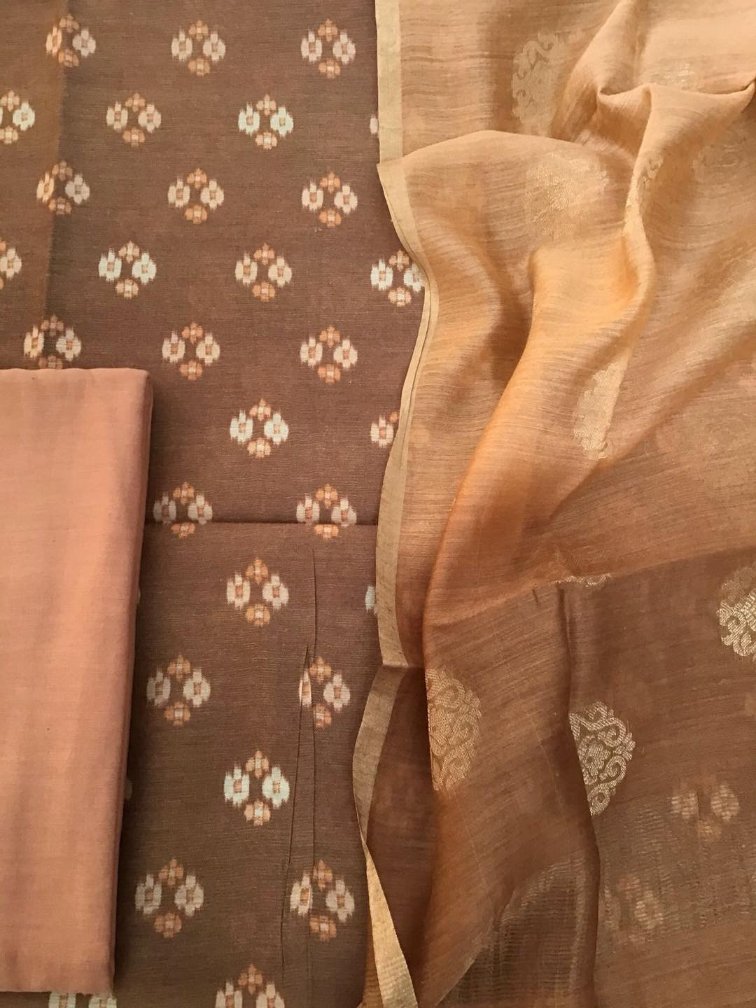Pure Munga Silk Printed Suit - Brown