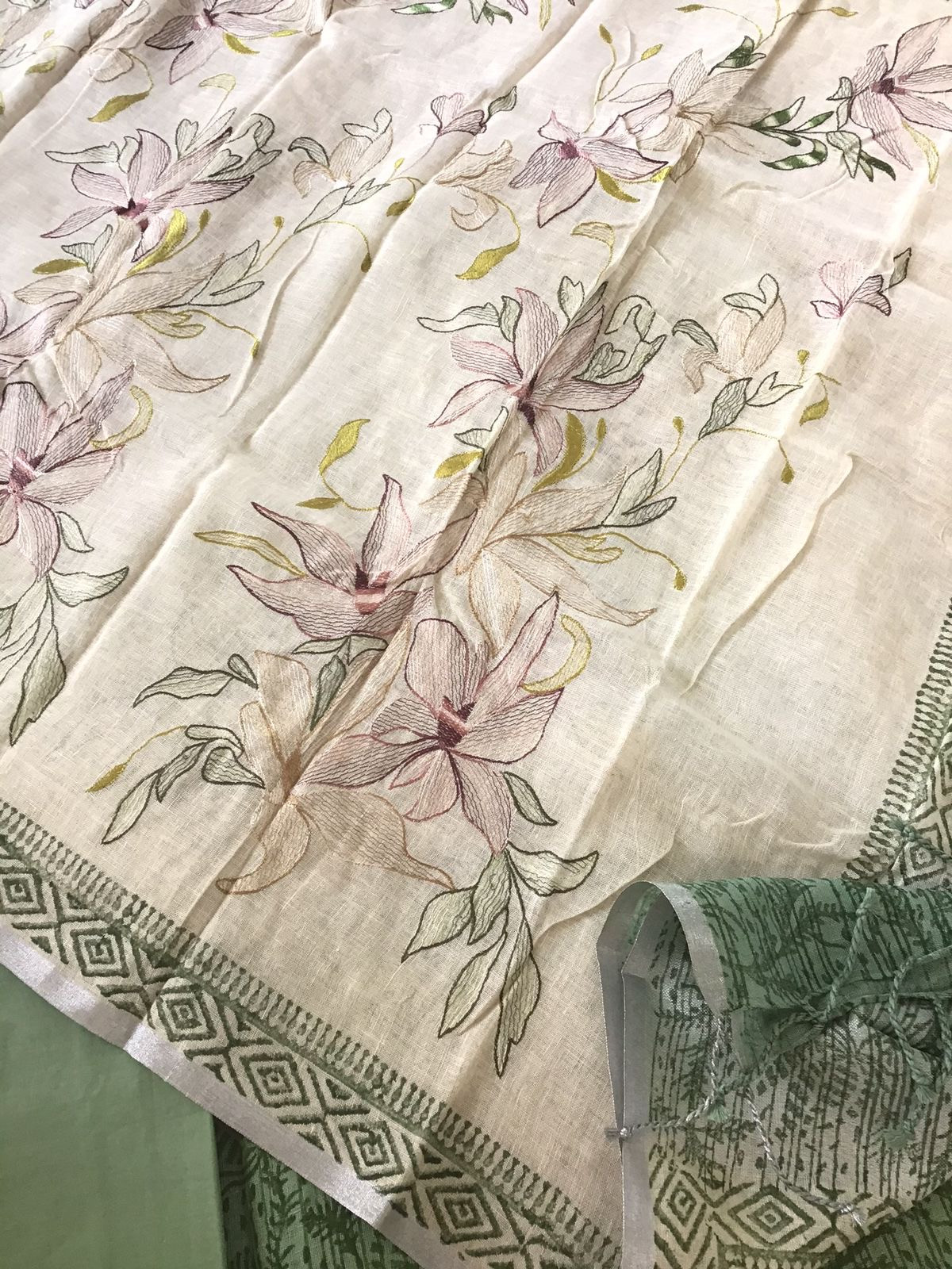 Pure Linen Jute Cotton Printed Embroidered Suit - Green