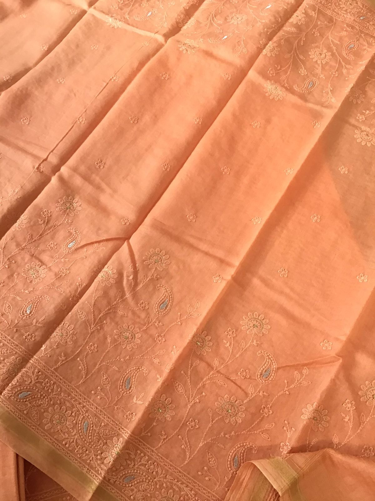 Pure Chanderi Embroidered Suit - Orange