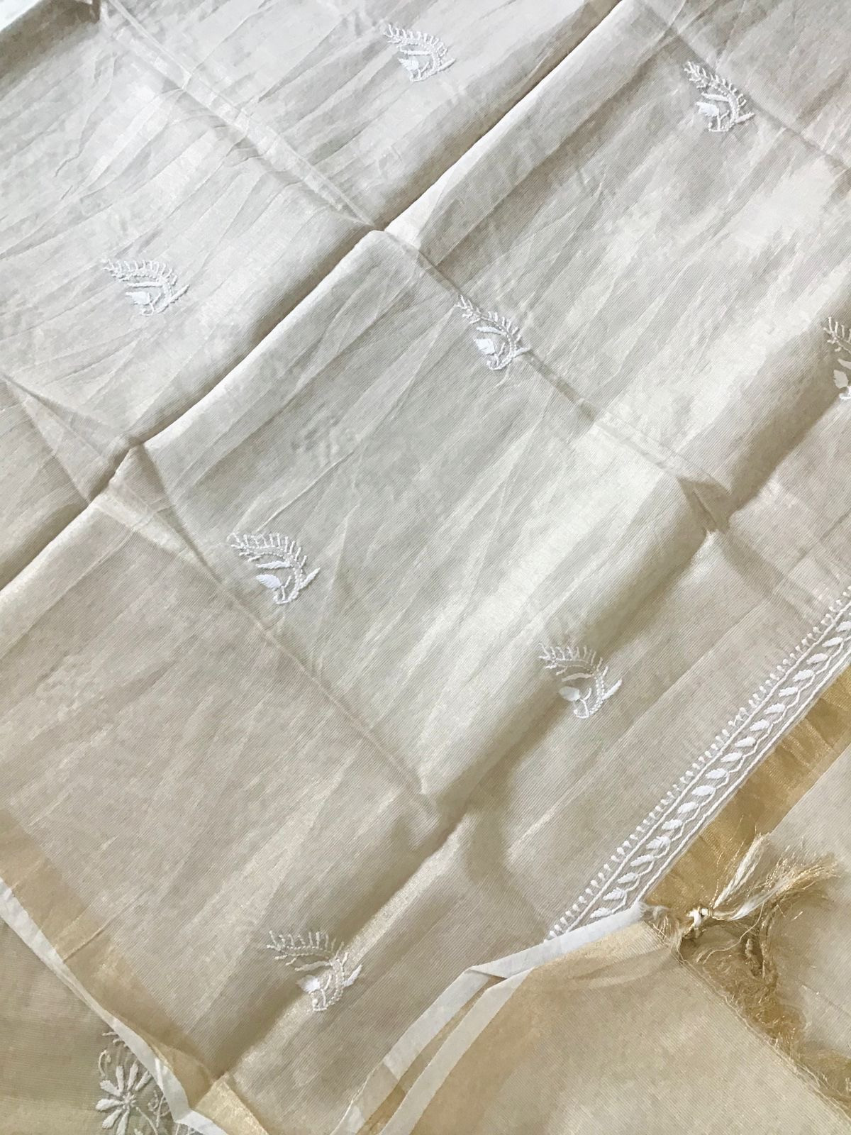 Pure Tissue Chanderi Chikankari Embroidered Suit - Beige