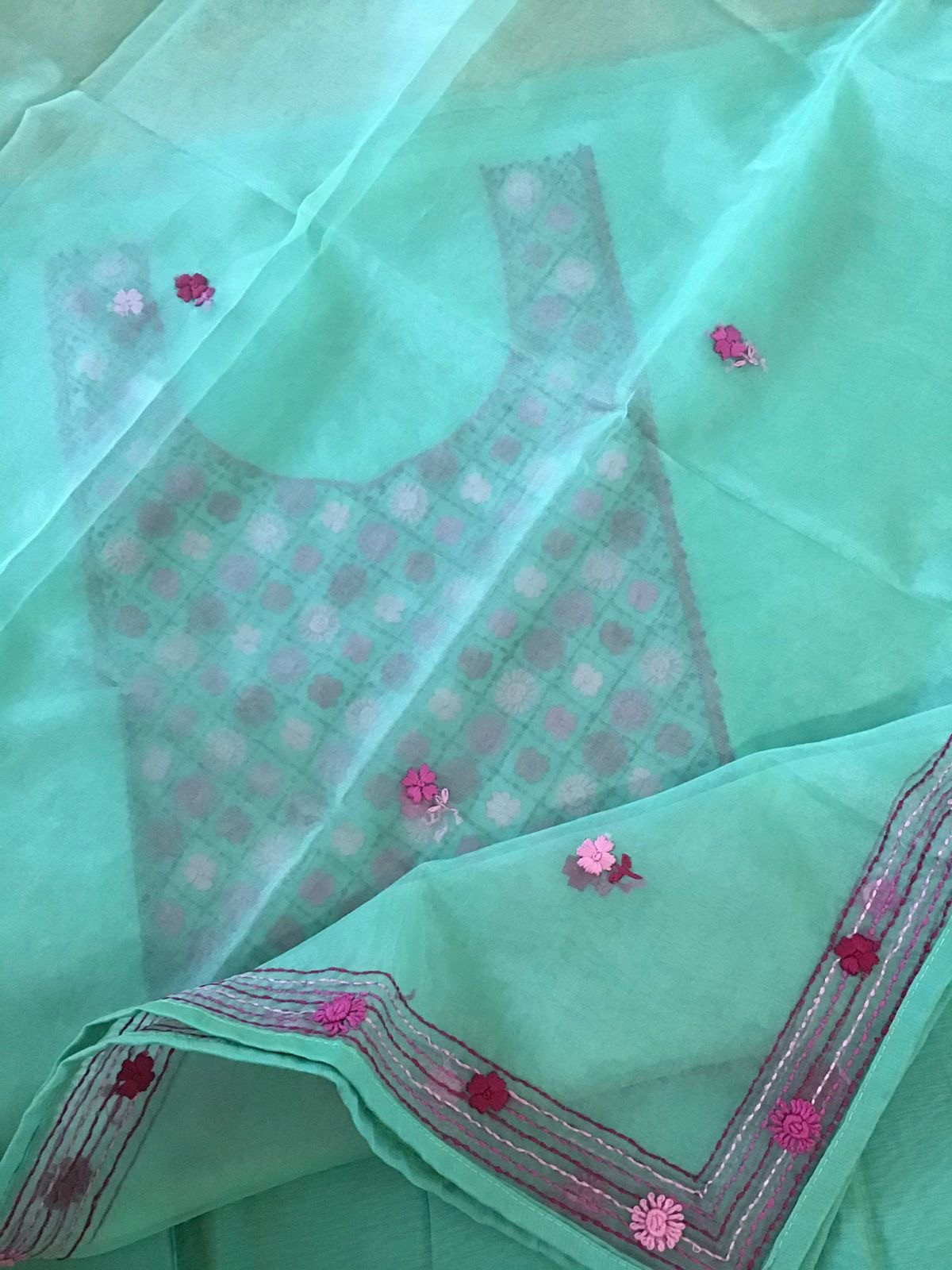 Pure Chanderi Embroidered Suit - Green