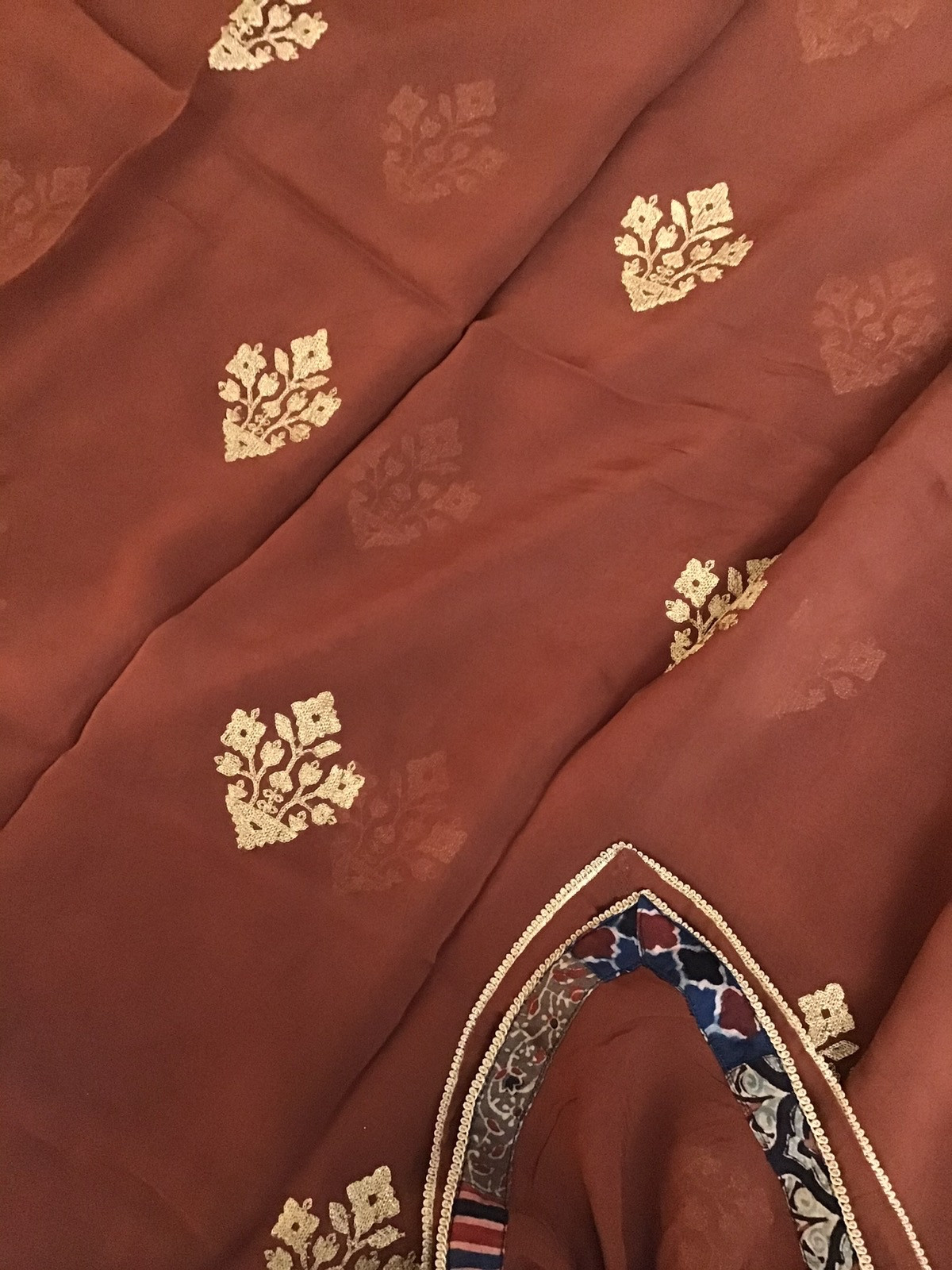 Pure Maheshwari Silk Ajrakh Printed Embroidered Suit - Brown