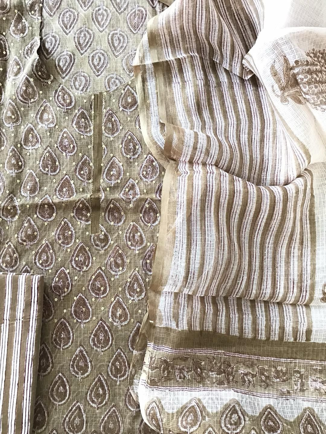 Pure Kota Cotton Printed Embroidered Suit - Beige