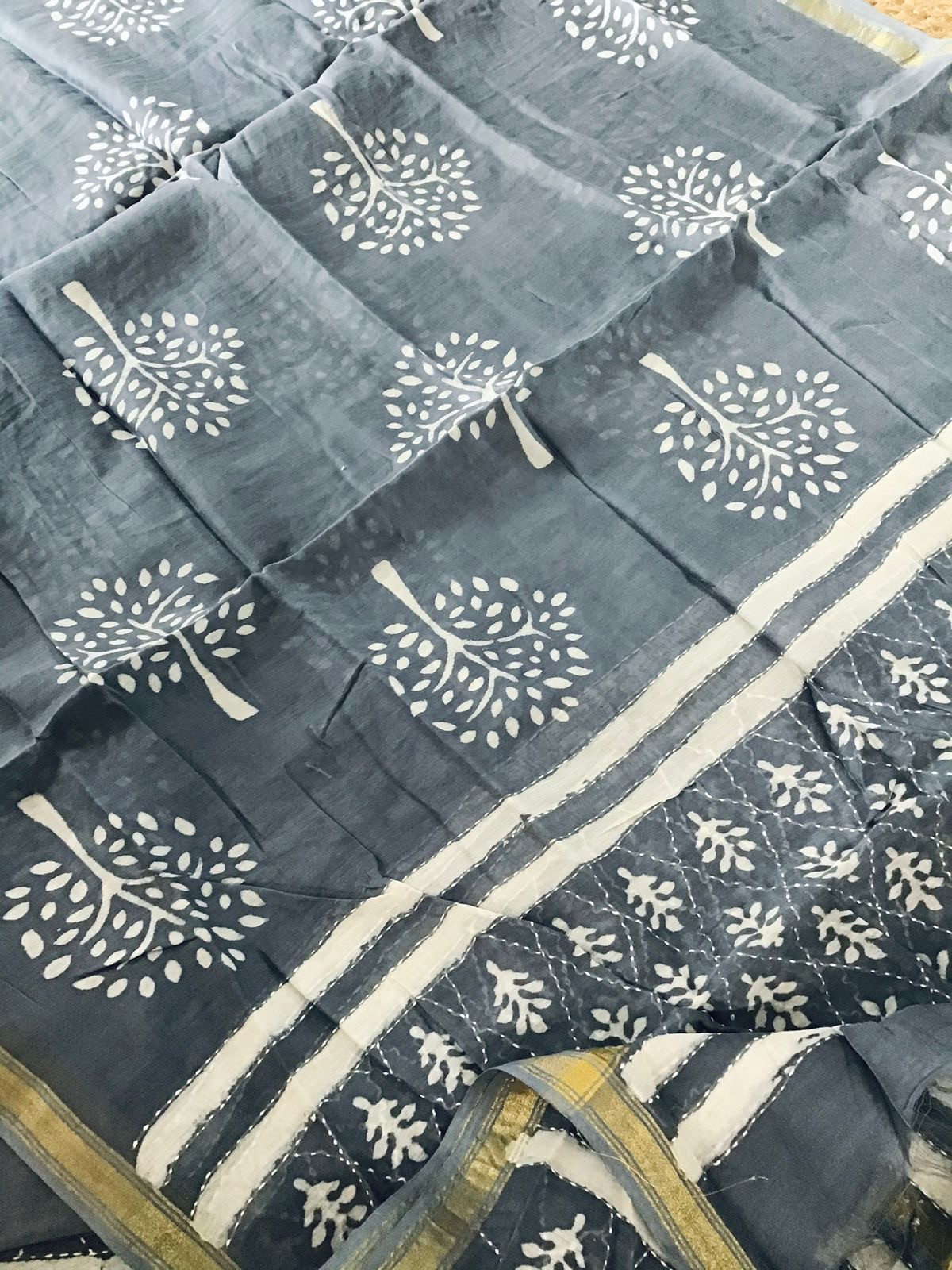Pure Chanderi Printed Embroidered Suit - Grey