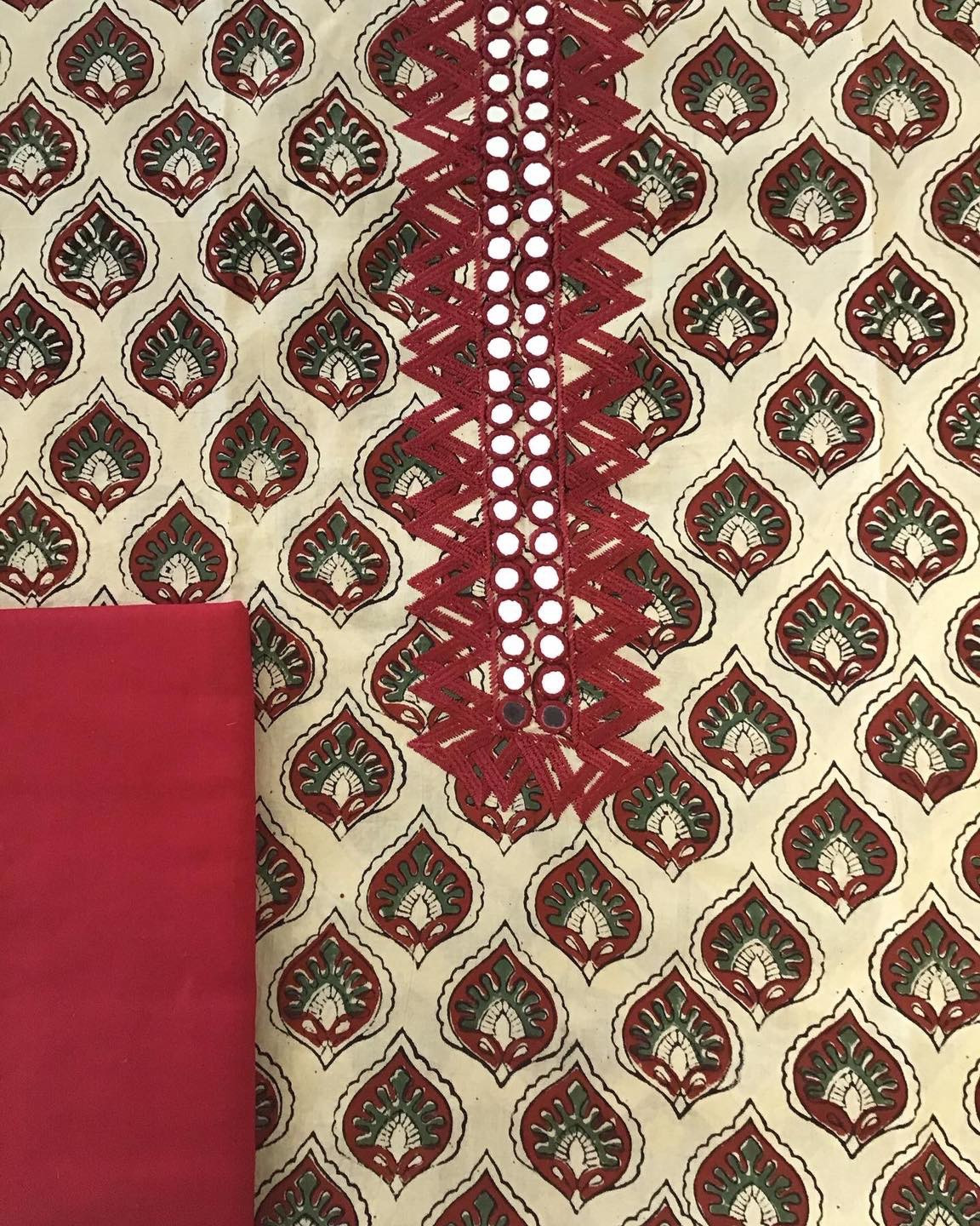 Pure Cotton Printed Embroidered Suit - Cream