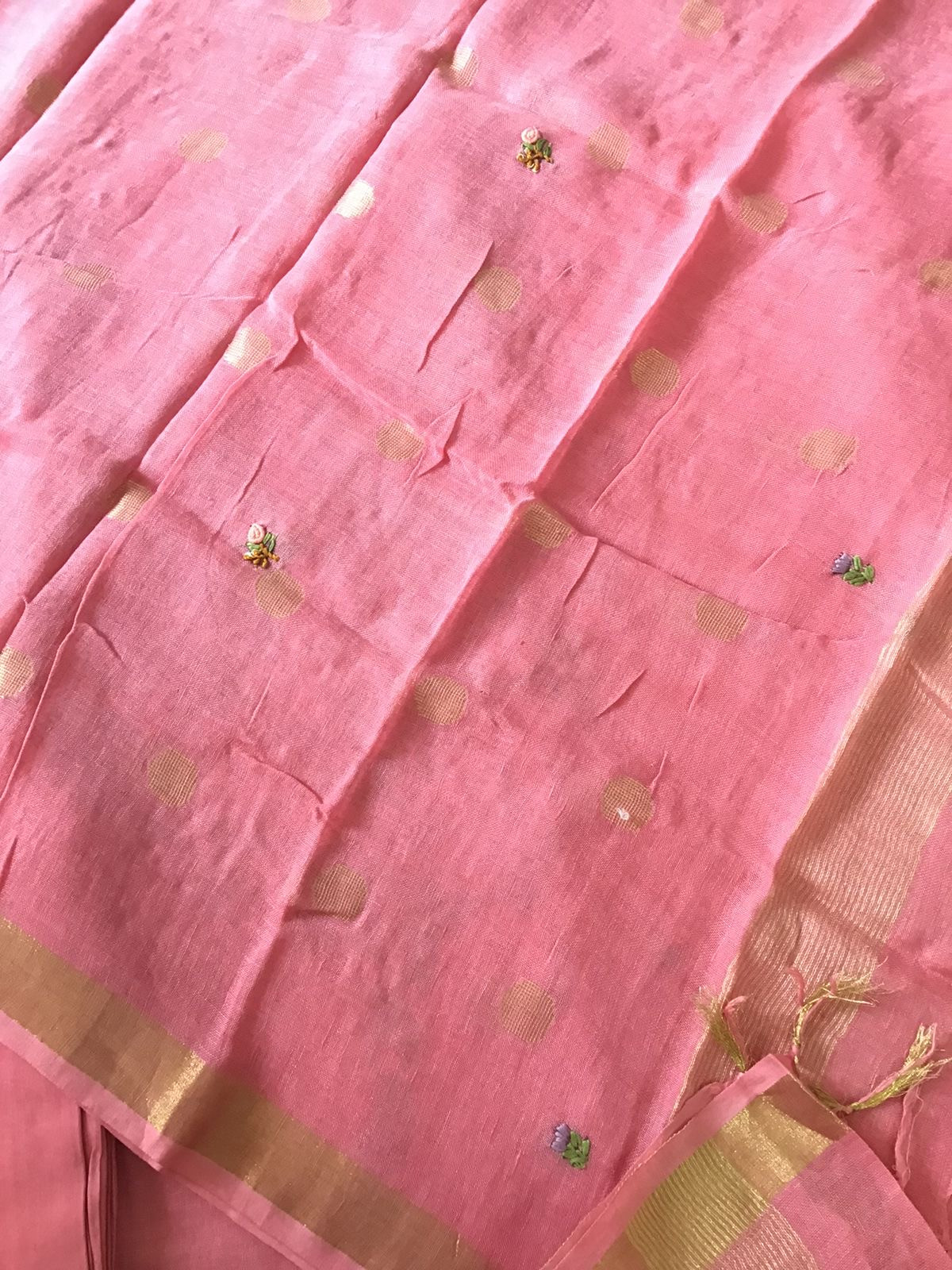 Pure Linen Jute Cotton Embroidered Suit - Pink