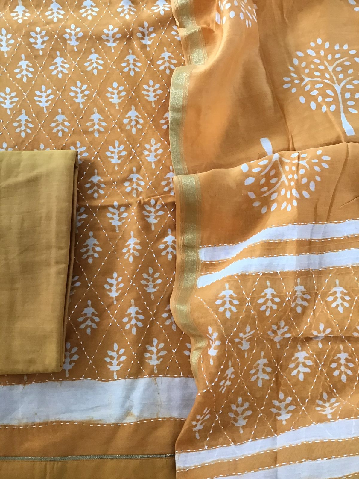 Pure Chanderi Printed Embroidered Suit - Orange