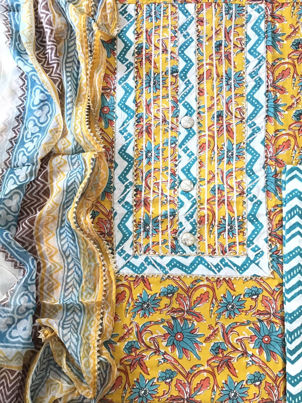 Pure Cotton Printed Embroidered Suit - Yellow