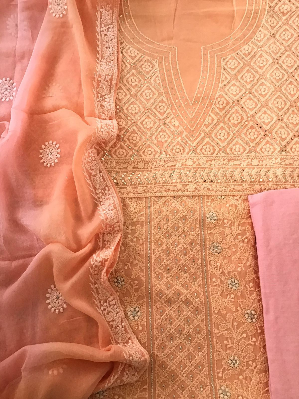 Pure Chanderi Silk Embroidered Suit - Peach