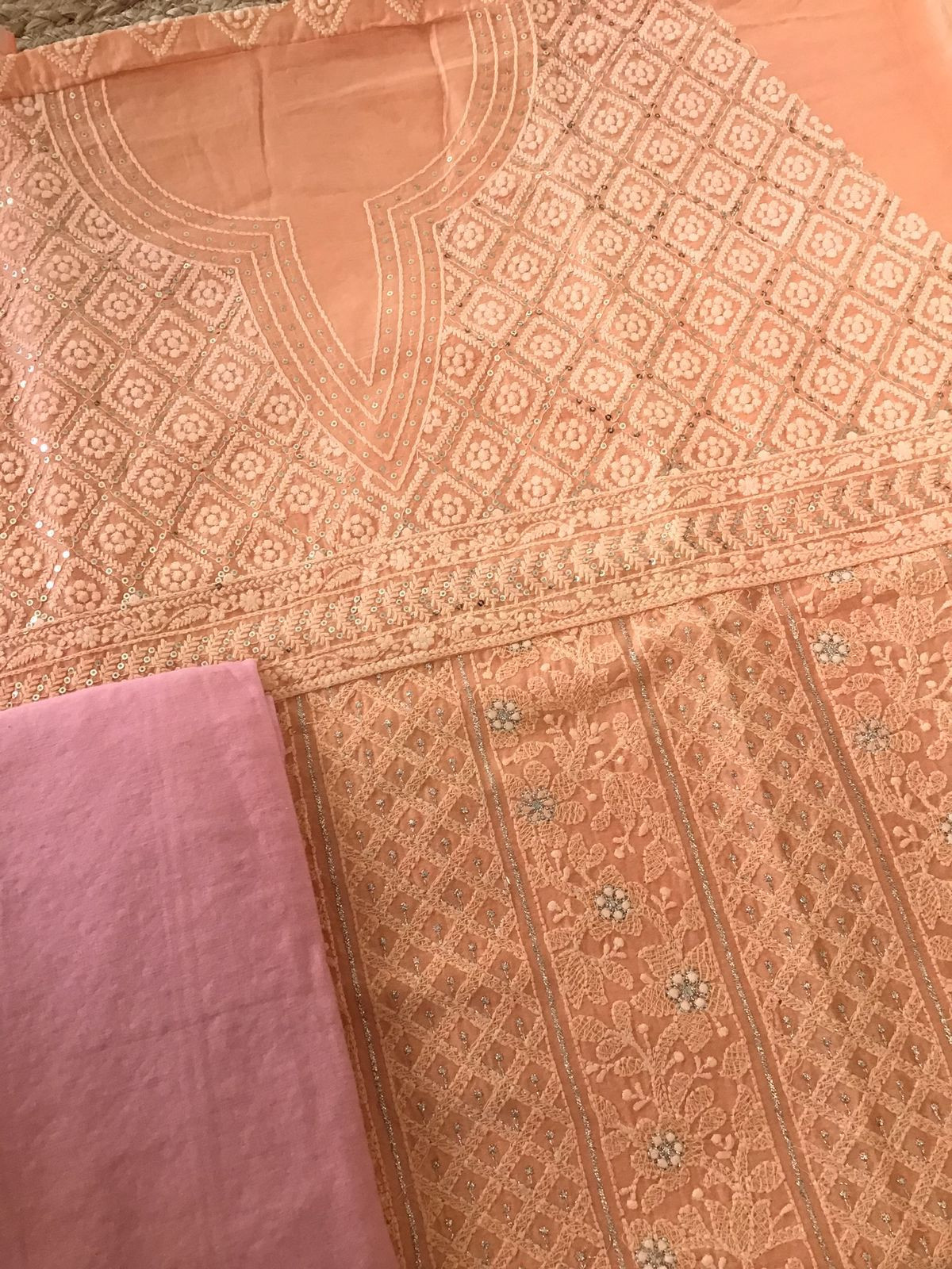 Pure Chanderi Silk Embroidered Suit - Peach