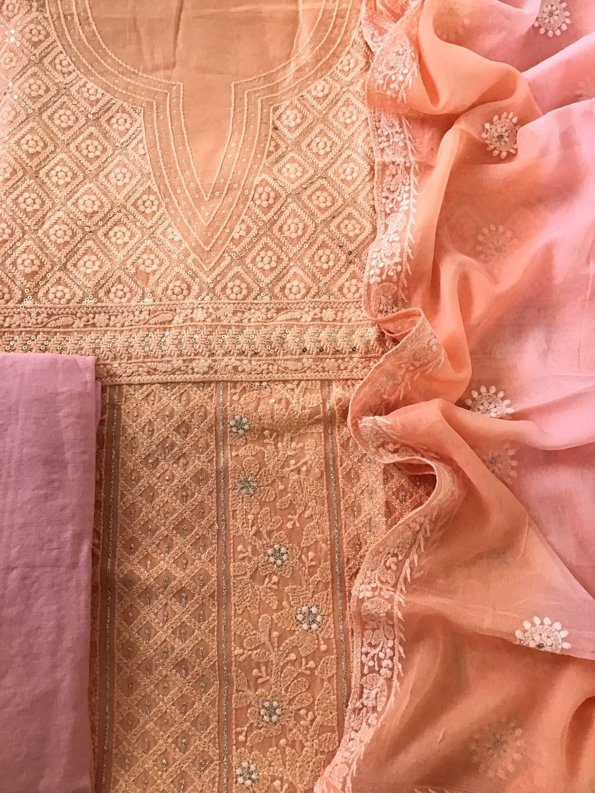 Pure Chanderi Silk Embroidered Suit - Peach