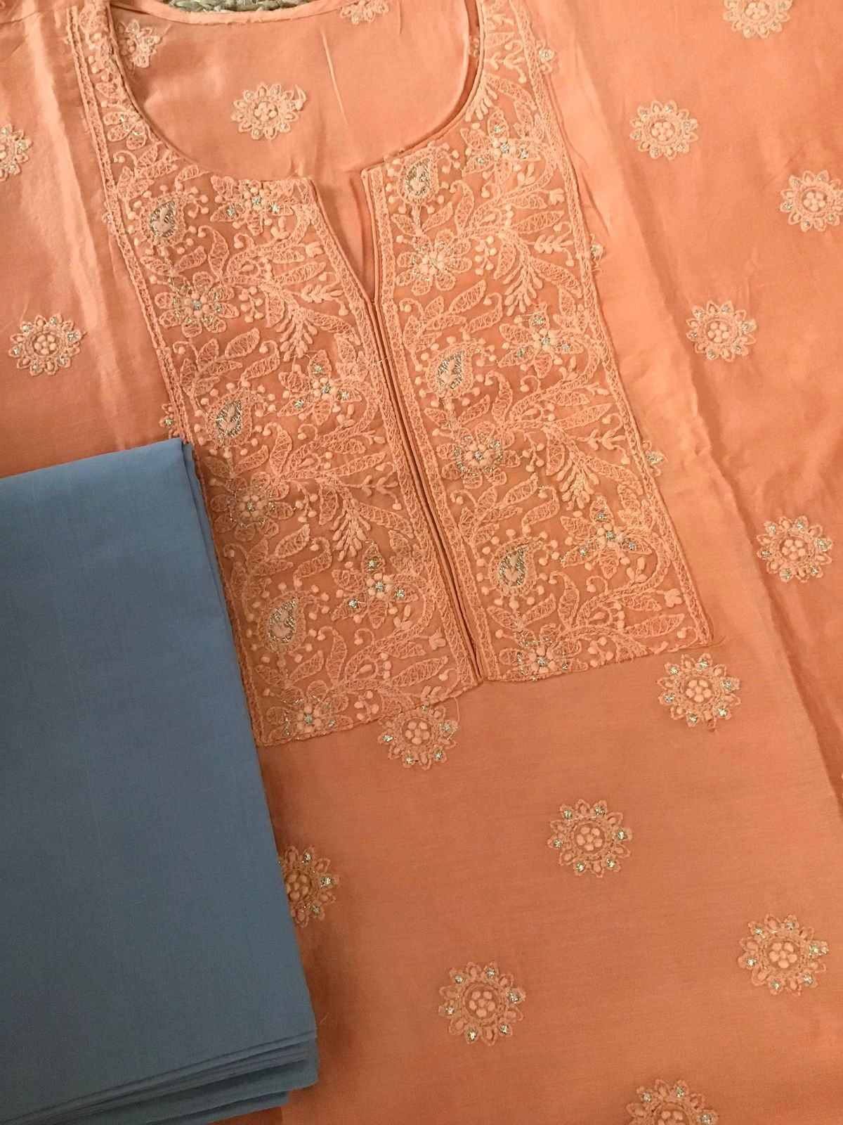 Pure Chanderi Silk Embroidered Suit - Orange