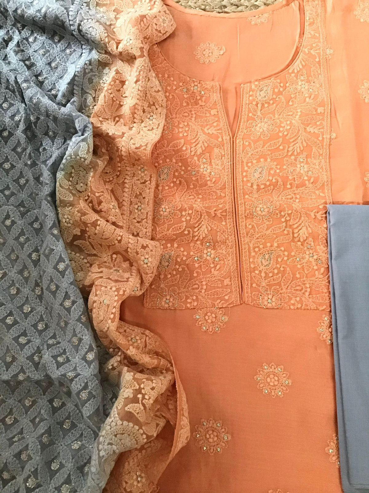 Pure Chanderi Silk Embroidered Suit - Orange