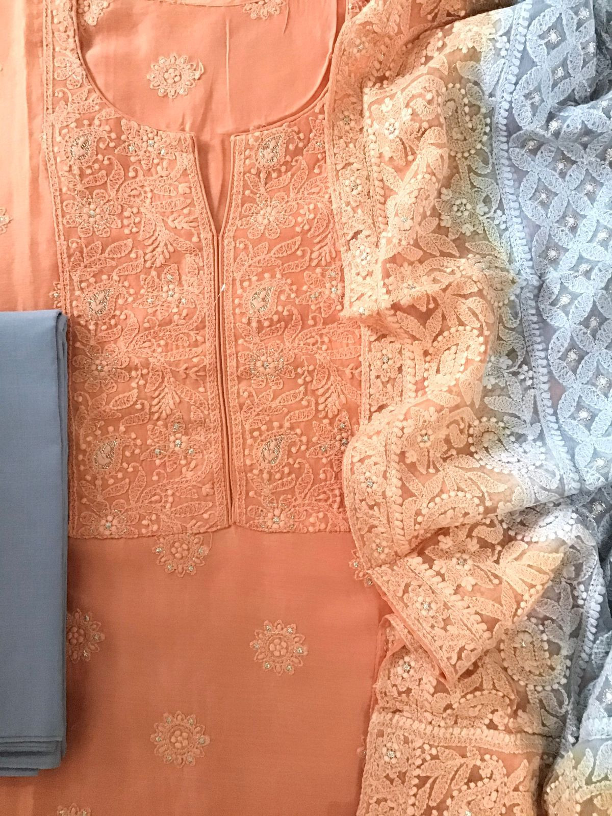 Pure Chanderi Silk Embroidered Suit - Orange