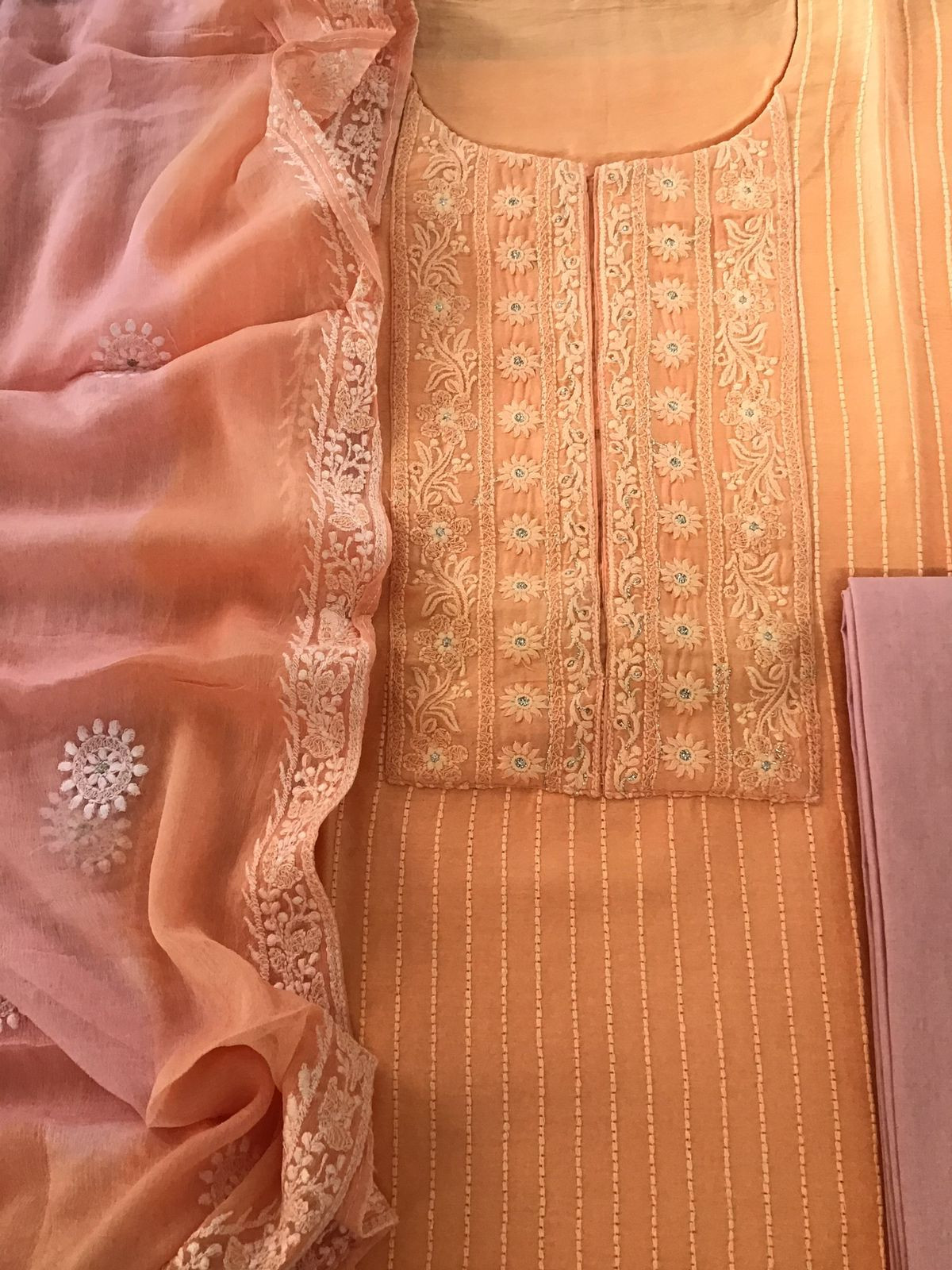 Pure Chanderi Silk Embroidered Suit - Peach
