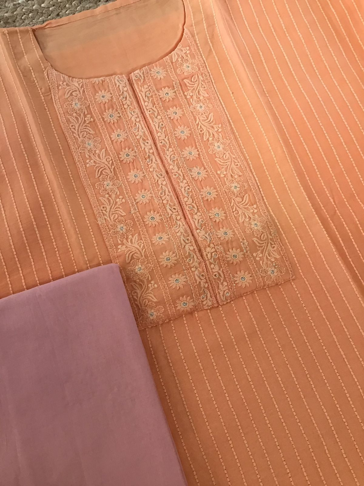 Pure Chanderi Silk Embroidered Suit - Peach