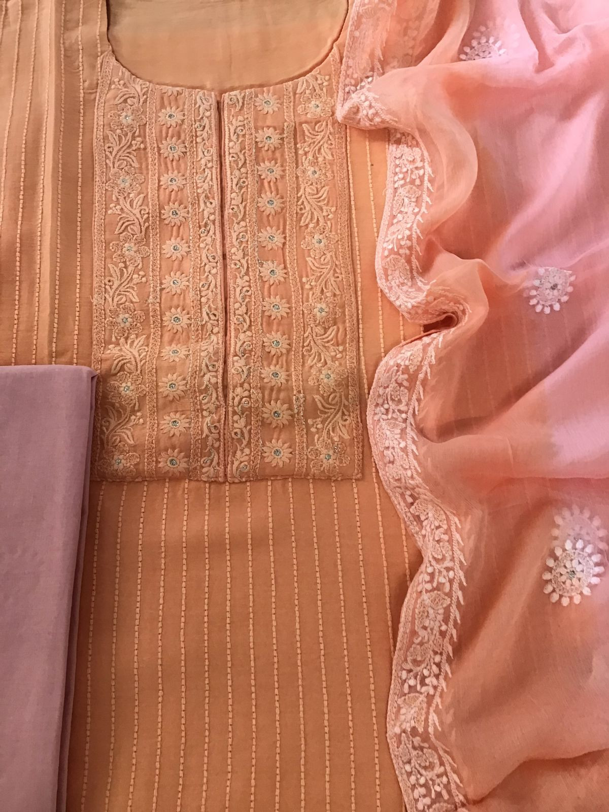Pure Chanderi Silk Embroidered Suit - Peach
