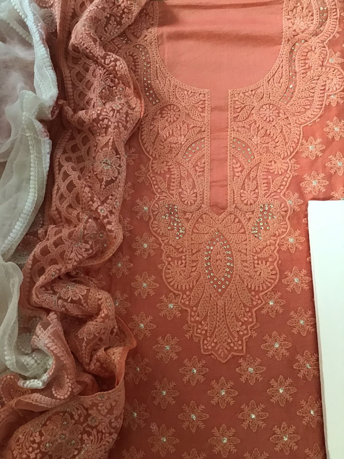 Pure Chanderi Silk Embroidered Suit - Orange