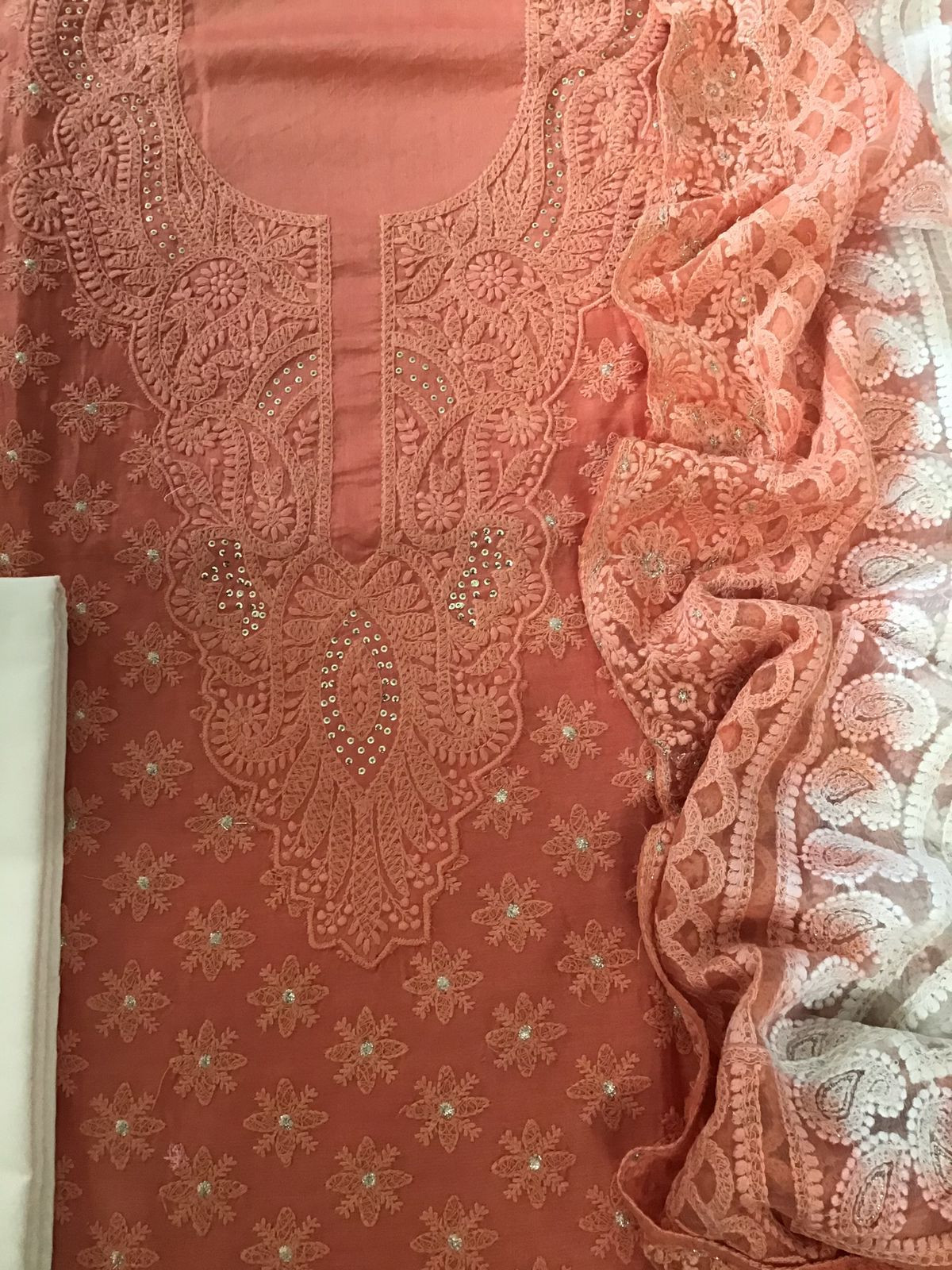 Pure Chanderi Silk Embroidered Suit - Orange