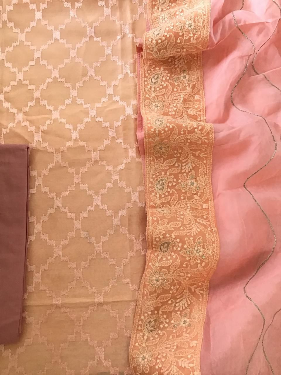 Pure Chanderi Silk Embroidered Suit - Peach