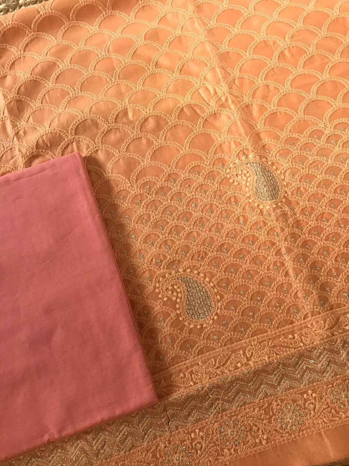 Pure Chanderi Silk Embroidered Suit - Orange