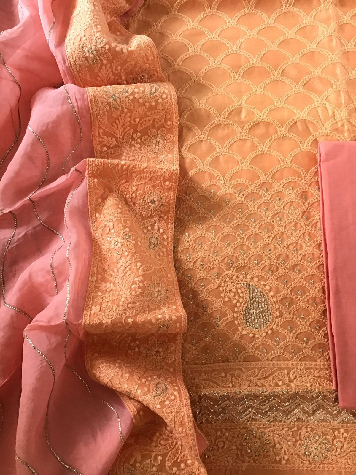 Pure Chanderi Silk Embroidered Suit - Orange