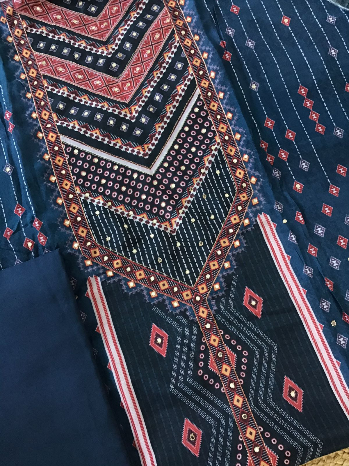 Pure Muslin Silk Printed Embroidered Suit - Blue