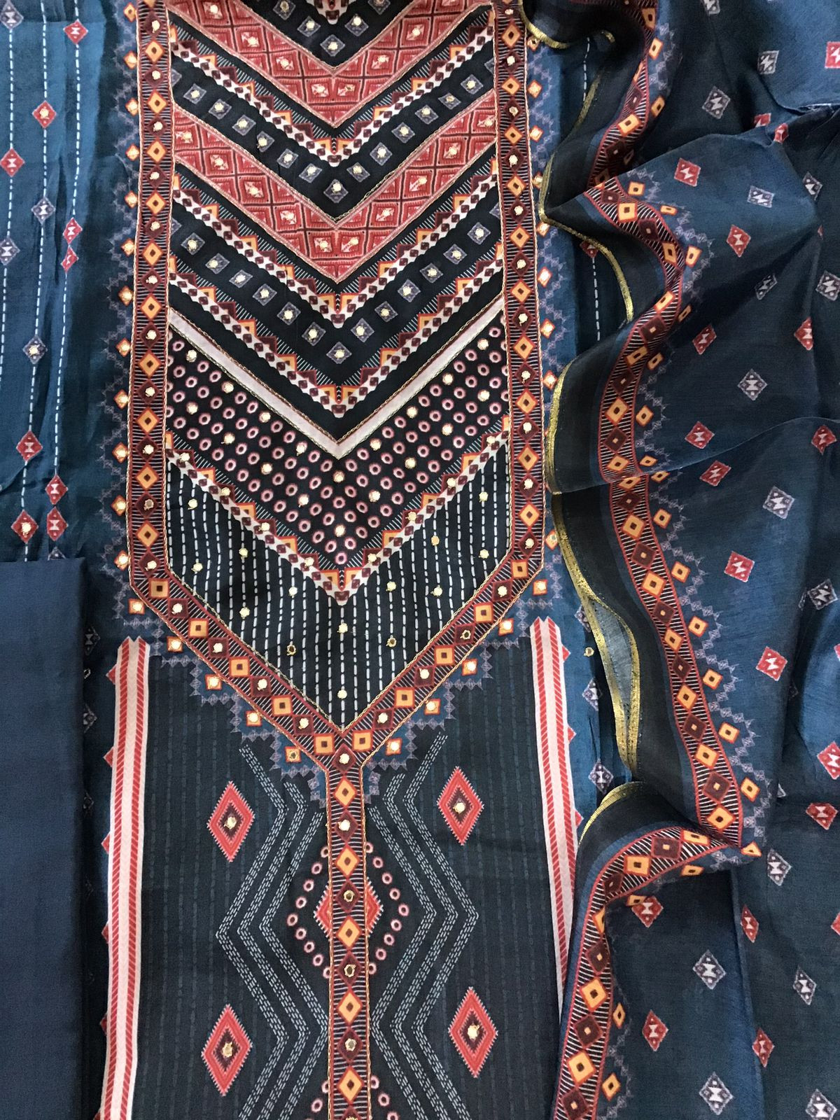 Pure Muslin Silk Printed Embroidered Suit - Blue