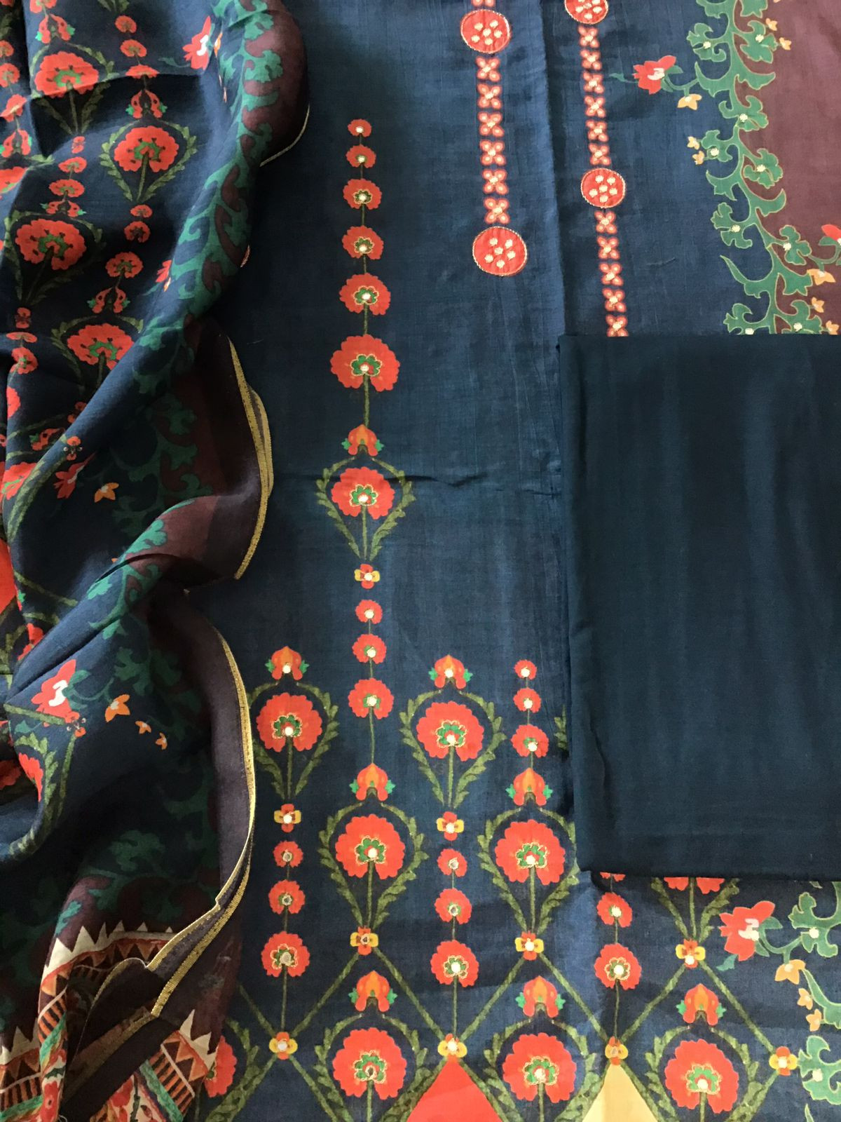 Pure Muslin Silk Printed Embroidered Suit - Blue