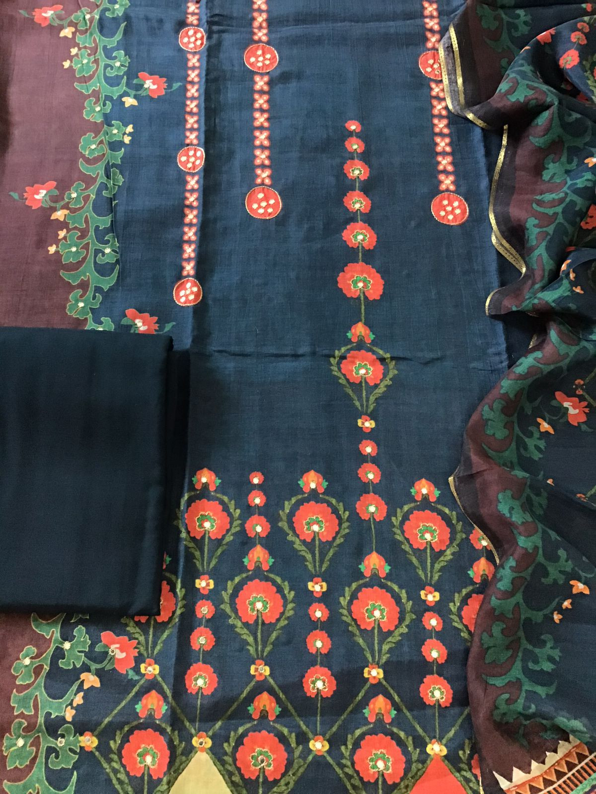 Pure Muslin Silk Printed Embroidered Suit - Blue