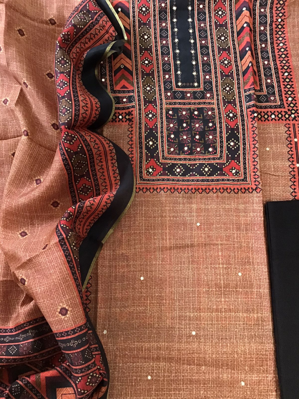 Pure Muslin Silk Printed Embroidered Suit - Brown