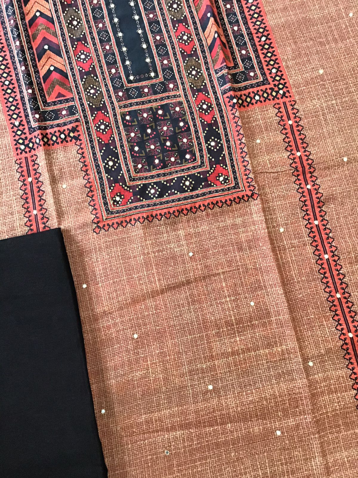 Pure Muslin Silk Printed Embroidered Suit - Brown