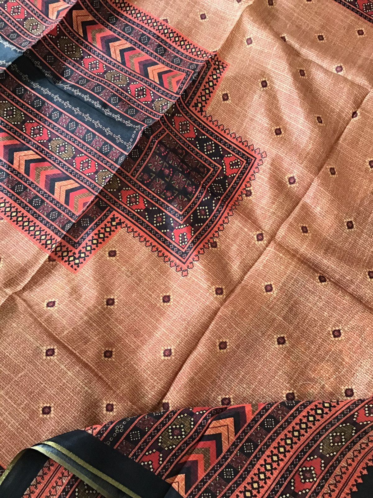 Pure Muslin Silk Printed Embroidered Suit - Brown