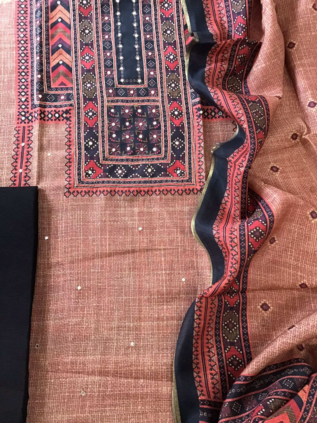 Pure Muslin Silk Printed Embroidered Suit - Brown