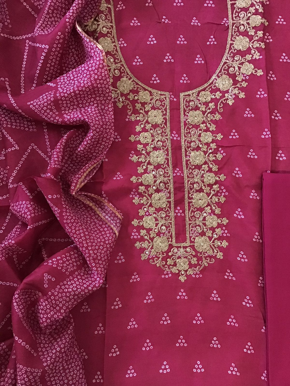 Pure Muslin Silk Printed Embroidered Suit - Dark Pink