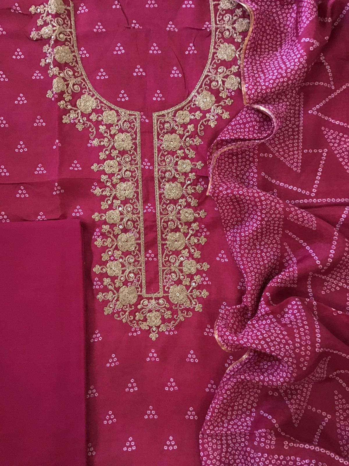 Pure Muslin Silk Printed Embroidered Suit - Dark Pink