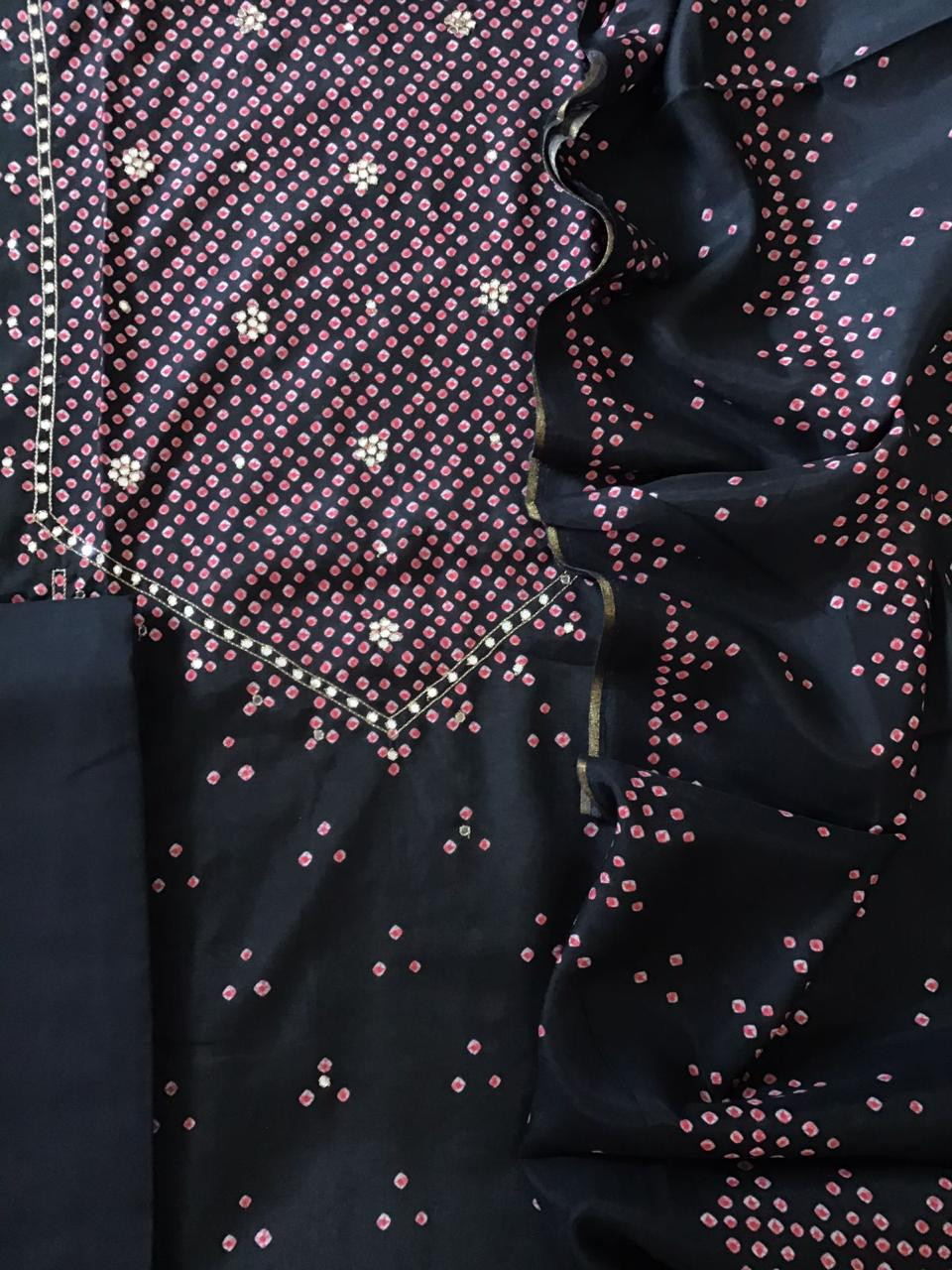 Pure Muslin Silk Printed Embroidered Suit - Black