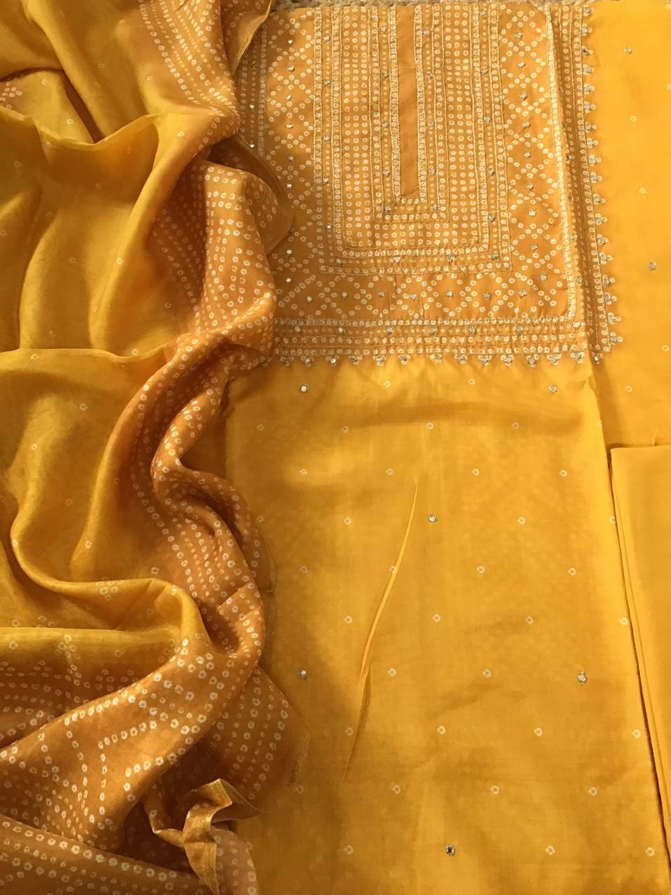 Pure Muslin Silk Printed Embroidered Suit - Yellow