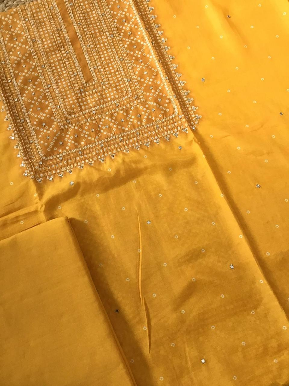 Pure Muslin Silk Printed Embroidered Suit - Yellow