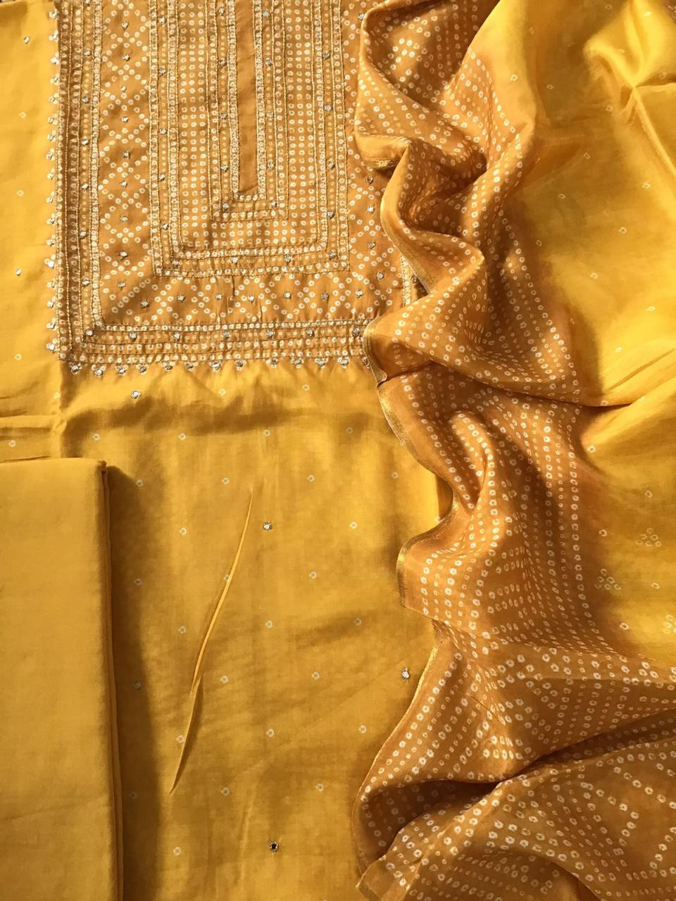 Pure Muslin Silk Printed Embroidered Suit - Yellow