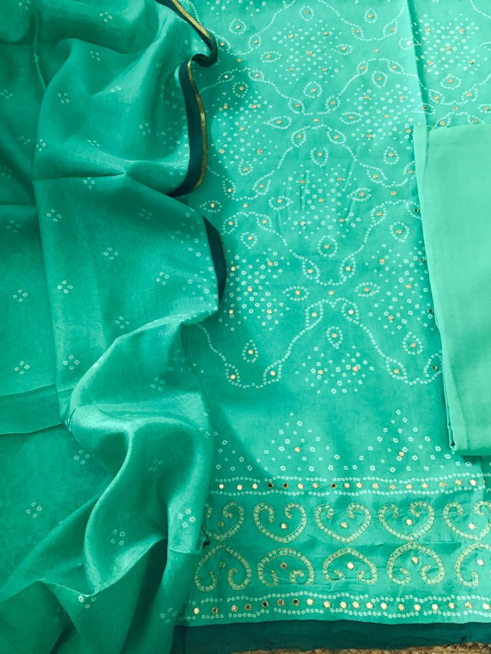 Pure Muslin Silk Printed Embroidered Suit - Green