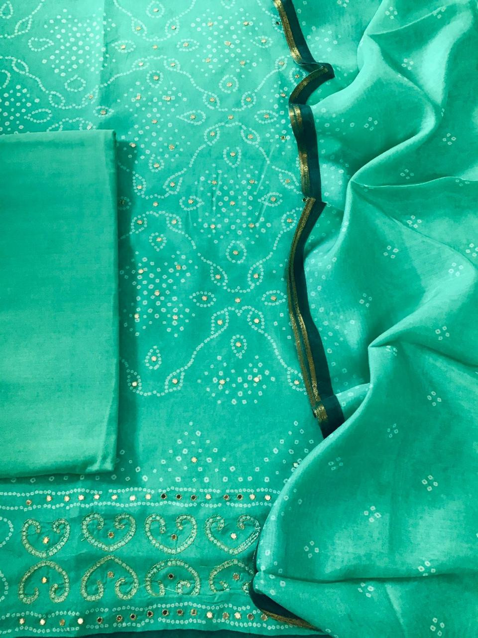 Pure Muslin Silk Printed Embroidered Suit - Green