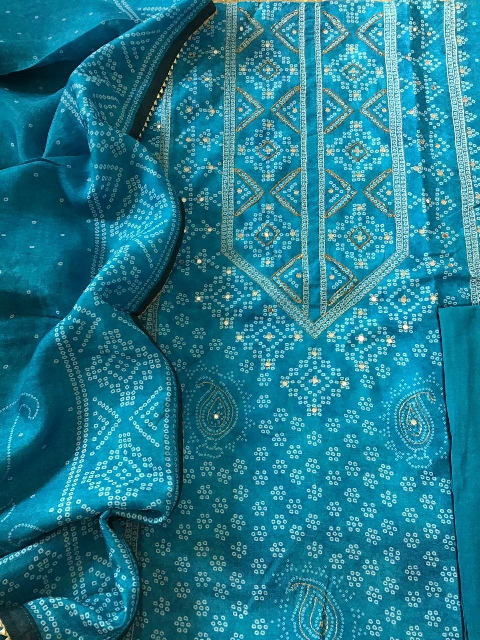 Pure Muslin Silk Printed Embroidered Suit - Blue