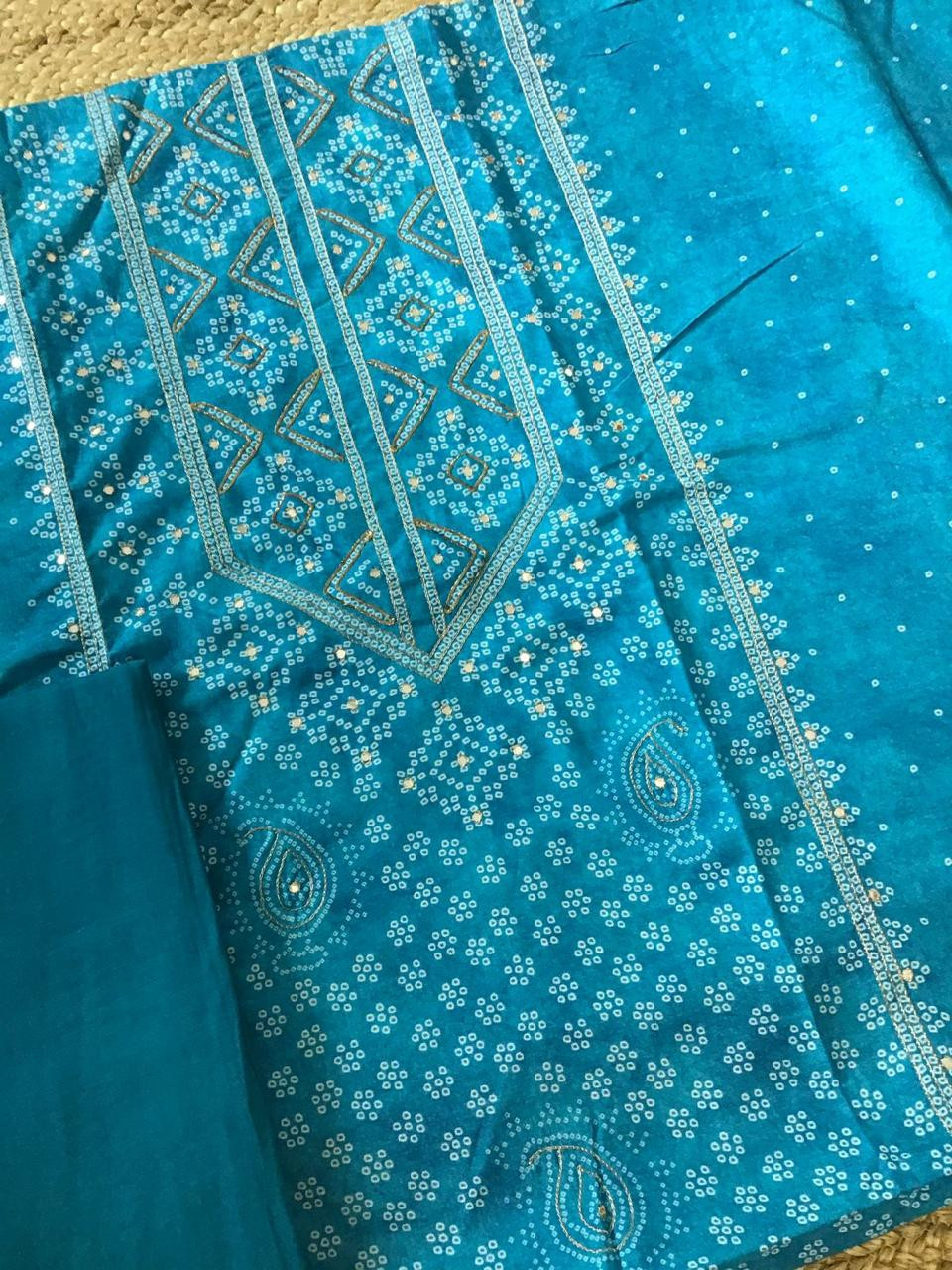 Pure Muslin Silk Printed Embroidered Suit - Blue