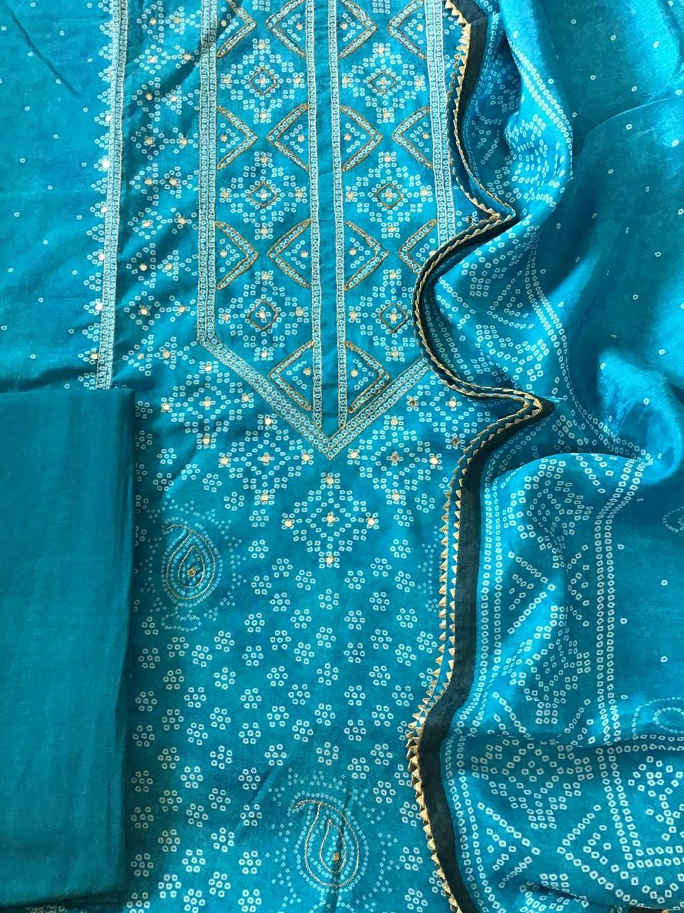 Pure Muslin Silk Printed Embroidered Suit - Blue